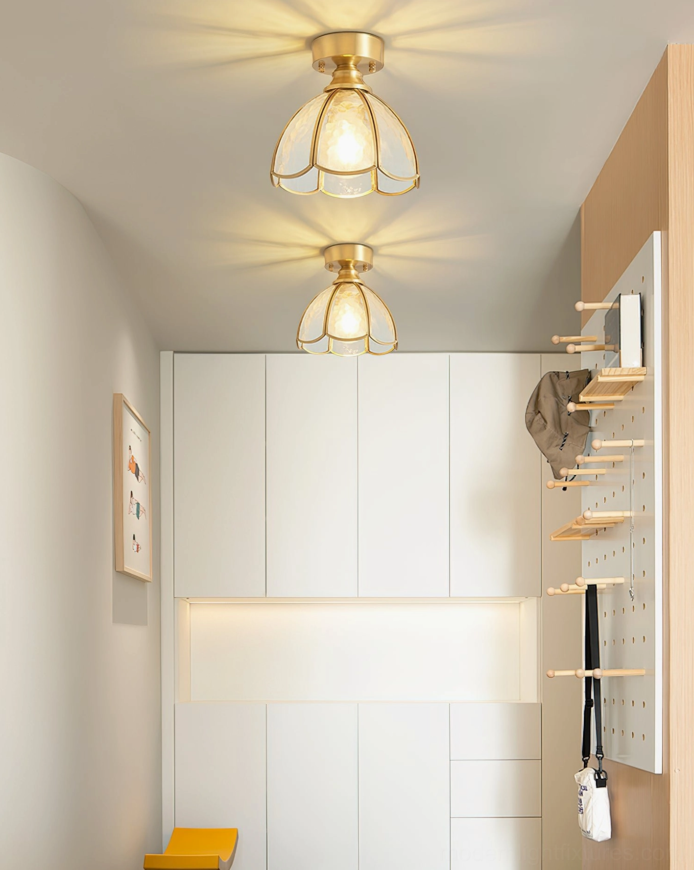 Petal-shaped stained glass ceiling fixture casting warm ambient light