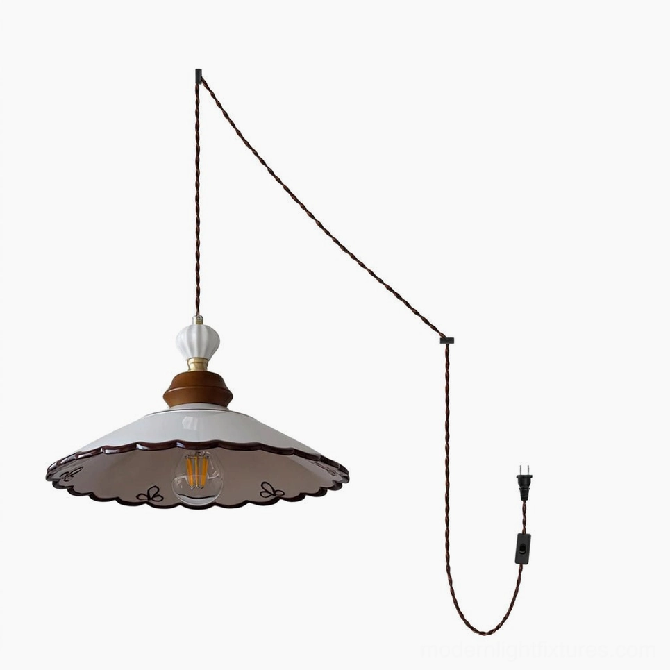 Petal Skirt ceramic pendant light variant with dramatic ruffled wavy edge and walnut neck displayed in product photography
