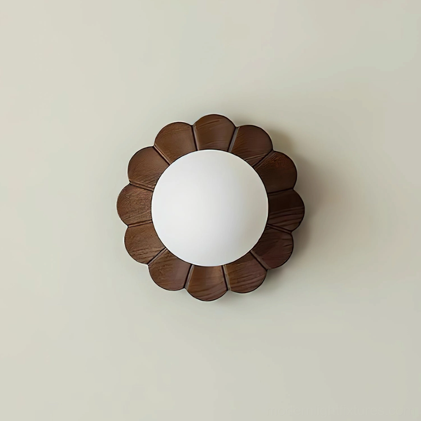 Modern wood petal wall light close-up showing frosted glass shade and natural wood grain detail