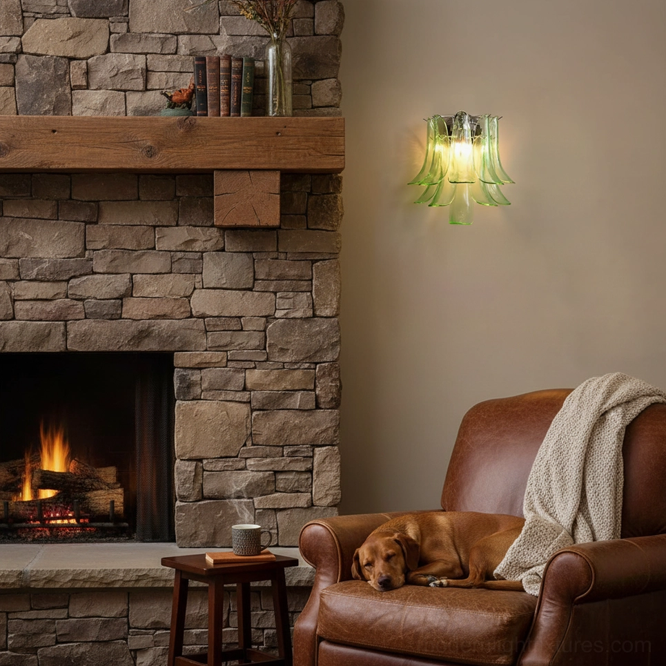 Sculptural petal wall lamp from side angle, showcasing three-dimensional glass petal layering and architectural profile