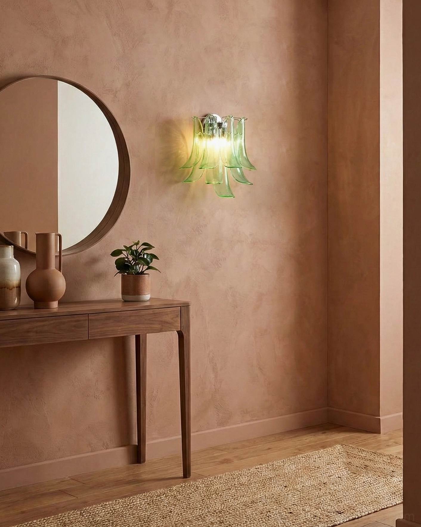 Petal wall sconce size and installation reference, showing dimensional scale on wall mounting with hardwired fixture design