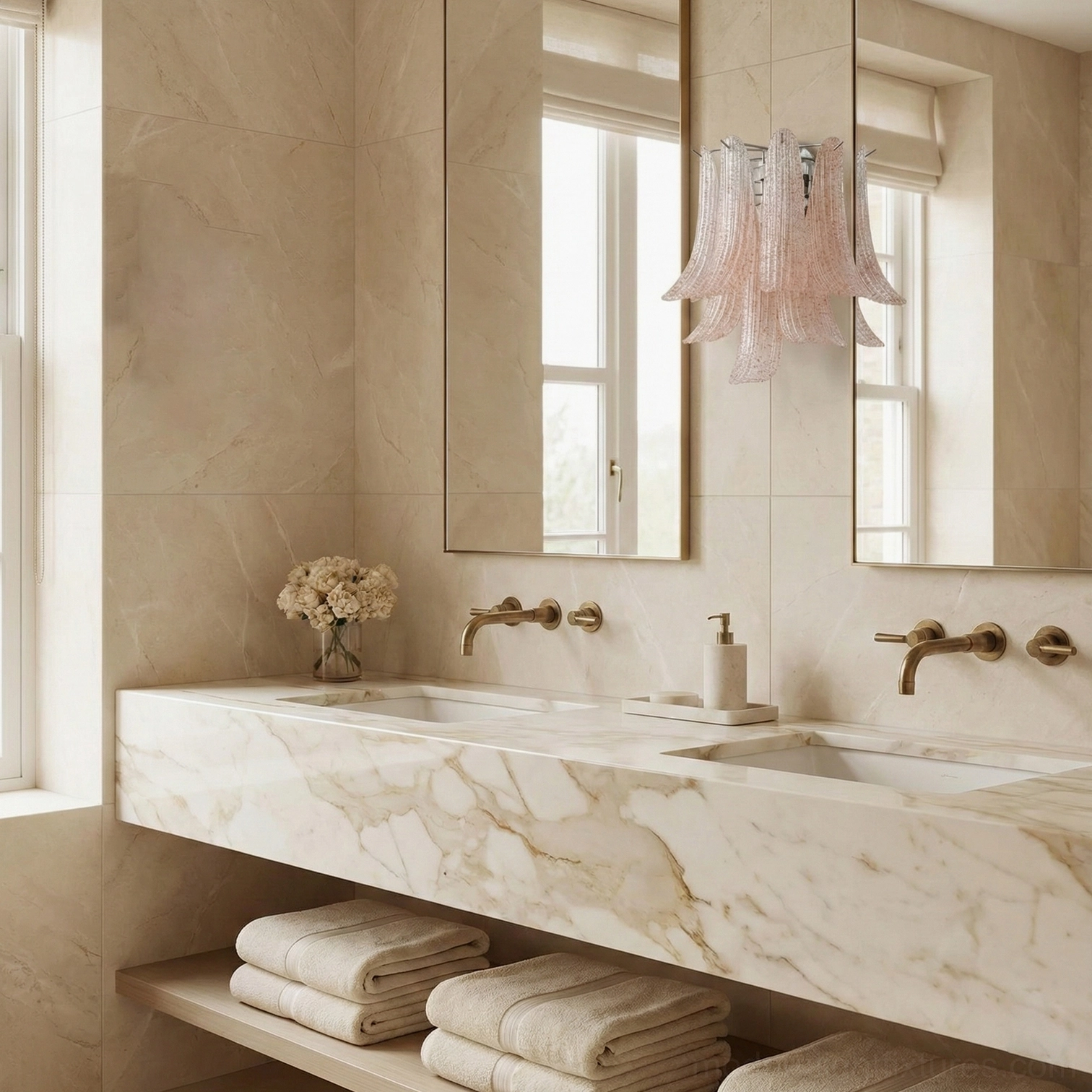 Venetian glass petal wall lamp mounted above marble vanity bathroom mirror with elegant architectural lighting