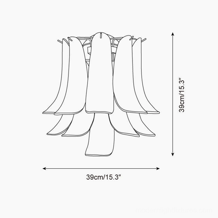 Technical specification schematic of petal glass wall sconce showing 39cm/15.3 inch dimensions on white background