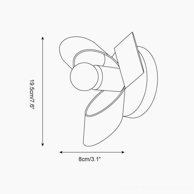 Petala wall sconce technical line drawing showing orthographic front view with size markings 8cm width by 19.5cm height (3.1 inches by 7.6 inches)