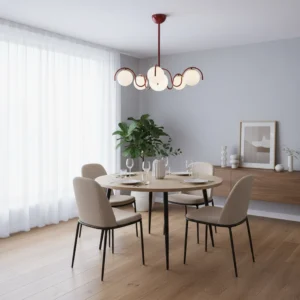 Petal design glass globe chandelier overhead view in warm residential dining room with elegant table setting