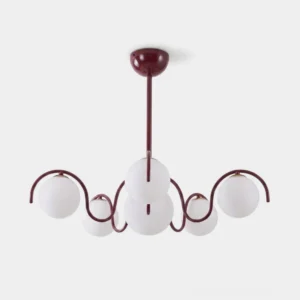 Petalaire petal-shaped modern chandelier with burgundy metal frame and frosted opal glass shades, studio front view