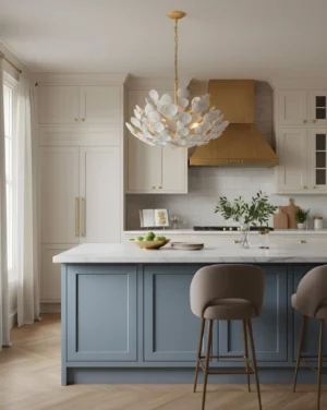 Petalflare contemporary petal chandelier installed in modern kitchen above island, warm ambient lighting
