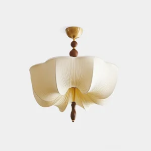 Petalia pleated fabric ceiling lamp front view with brass hardware and walnut wood accents, studio photography