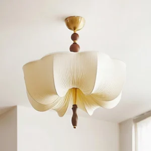 Petalia modern ceiling lamp in walnut color and beige fabric variant, ceiling-mounted fixture detail