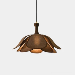 Petalia lotus petal pendant light three-quarter studio view showing layered fabric petal design with dark wood frame and warm lighting