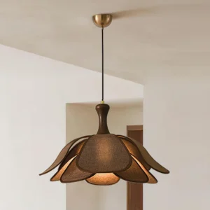 Petalia 60cm pendant lamp low angle view featuring gold ceiling canopy and black suspension cord in minimalist interior
