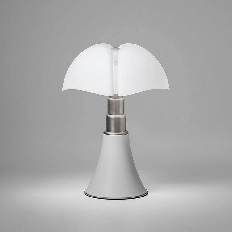 Petalica table lamp matte white finish flared base with silver trim all-white contemporary minimalist design three-quarter view