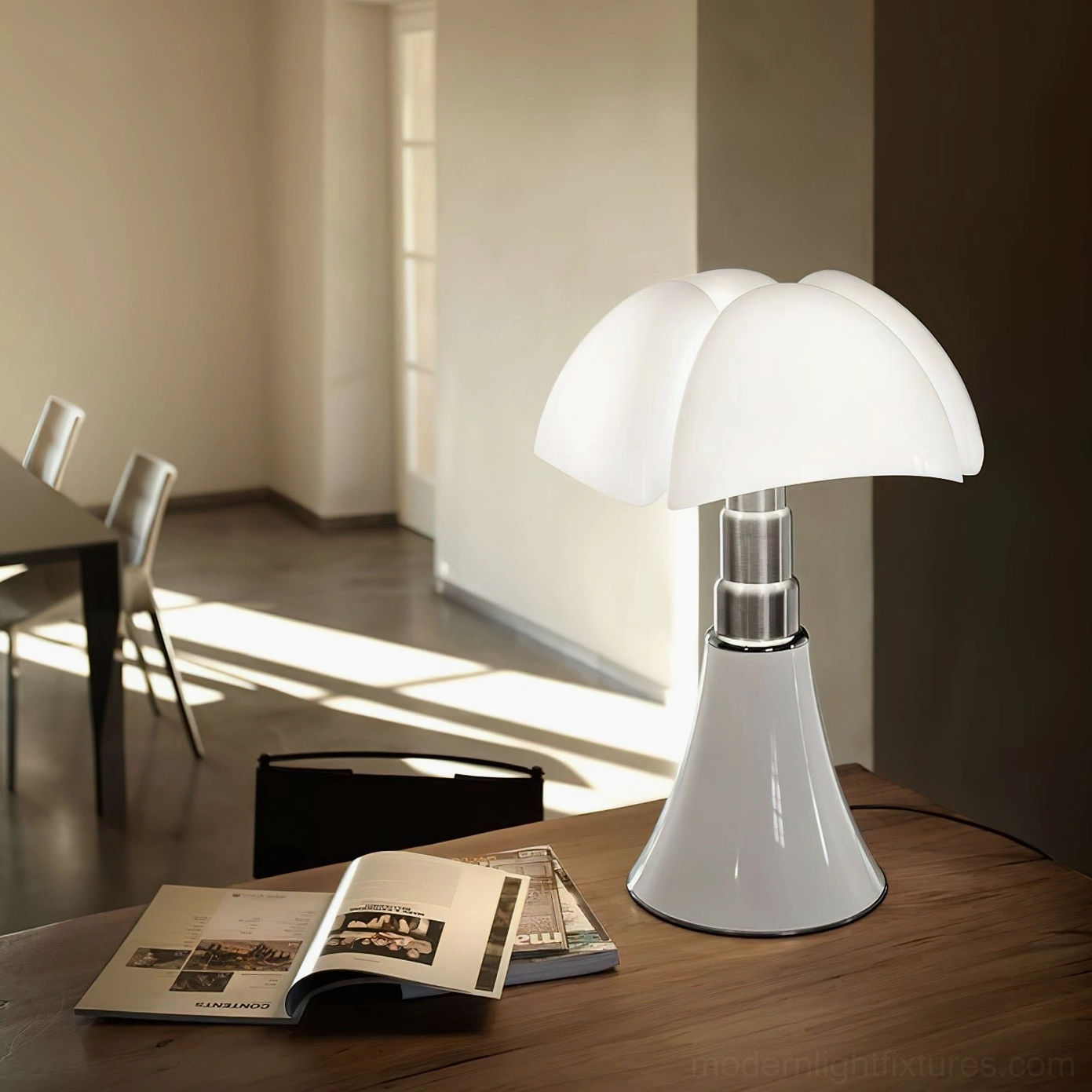 Petalica table lamp with integrated LED technology showcasing warm 3000K color temperature in bedroom reading nook