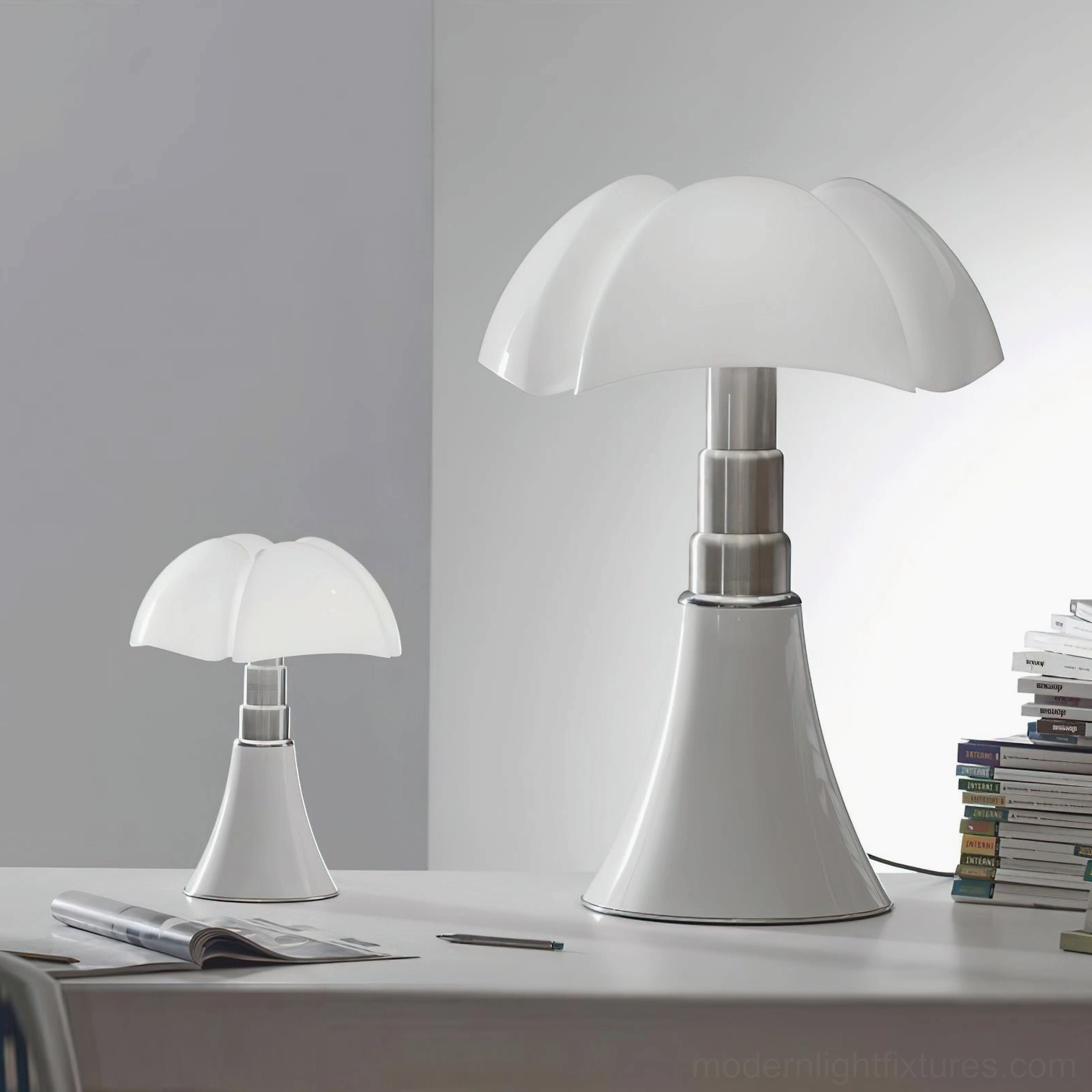 Petalica table lamp warm white 3000K LED illumination creating focused task lighting on desktop workspace