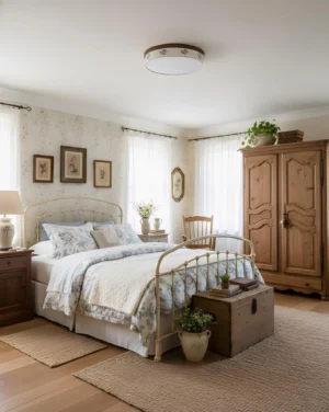 Petaline vintage fabric ceiling light fixture installed in cozy cottage bedroom with warm neutral tones