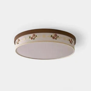 Petaline floral embroidered ceiling lamp with rose-pattern fabric trim, flat front view showing walnut and white two-tone design