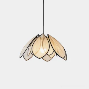 Petaline Veil petal pendant light with layered translucent panels and black metal frame, front view on white background