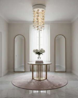 Modern white floral chandelier hanging in luxury residential entryway with warm neutral decor and elegant staircase