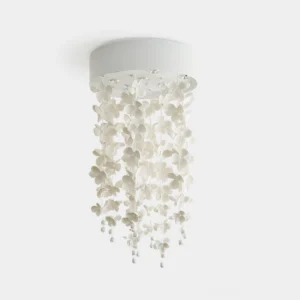 Petalisa handcrafted ceramic petal chandelier with creamy white porcelain flowers, front studio view on white background