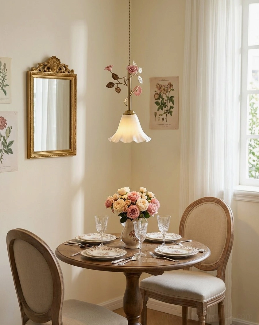 Pink rose pendant fixture in vintage dining room above antique table with retro styling