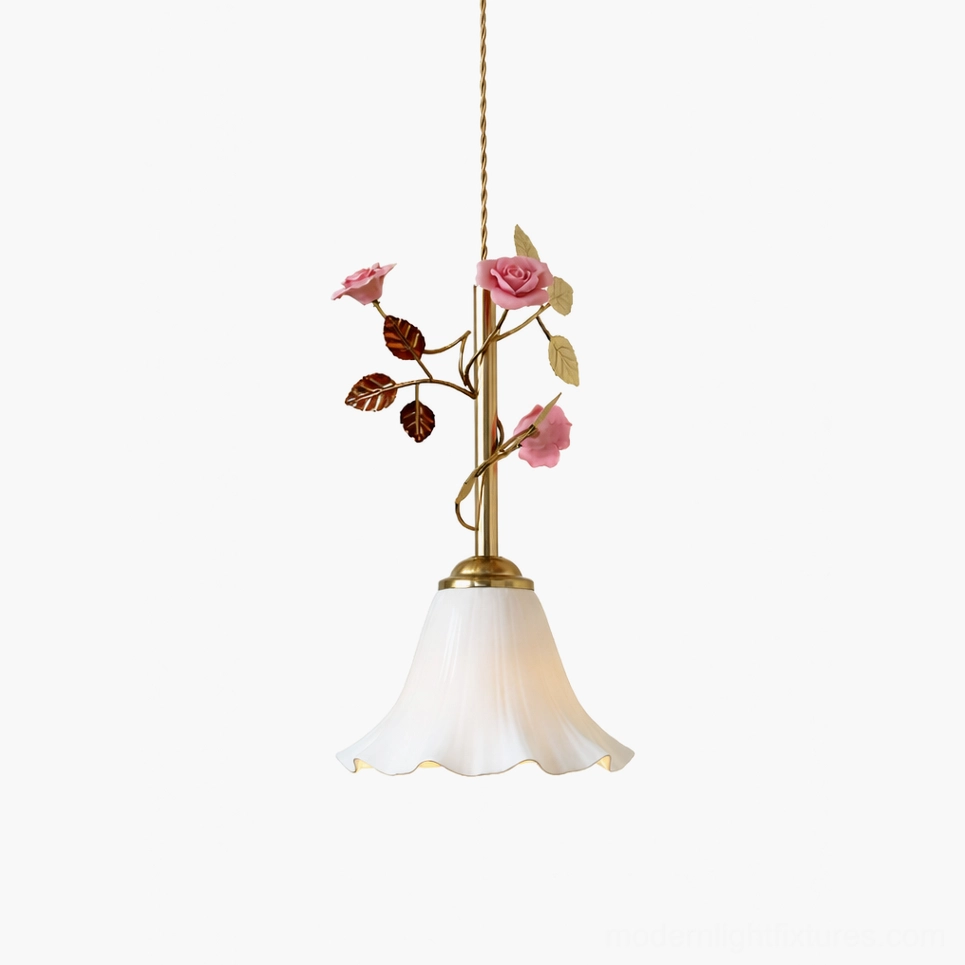 Petalisse floral pendant light in gold brass with pink rose accents and white ceramic shade