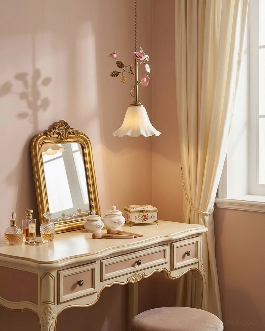 Delicate floral pendant lamp in pastel pink room complementing feminine interior design