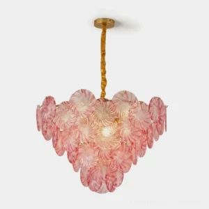 Petalisse tiered Murano-style glass disc chandelier with hand-formed pink swirl discs and brass frame, front studio view