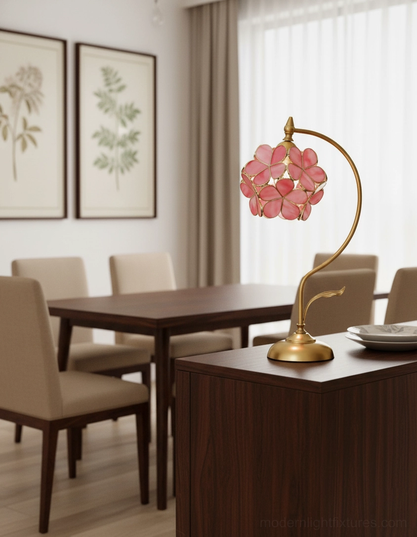 Petalora brass stained glass table lamp with sculptural petal design architectural detail photography
