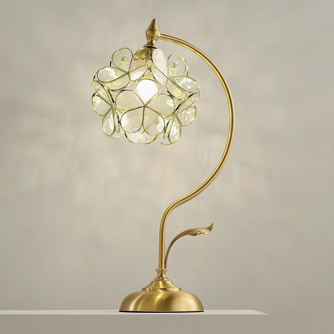 Petalora brass and clear stained glass table lamp complete sculptural lighting fixture elegant design