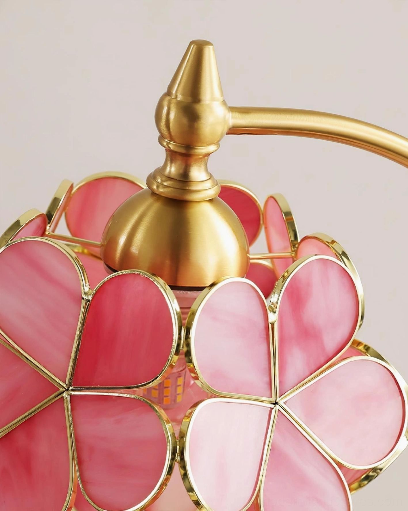 Petalora stained glass petal table lamp warm brass finish showing delicate floral shade craftsmanship