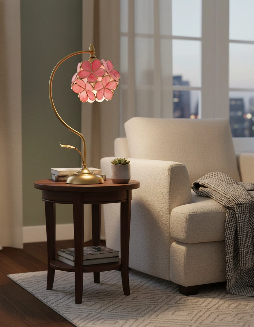 Petalora table lamp showing brass curved stem and sculptural support structure from side profile
