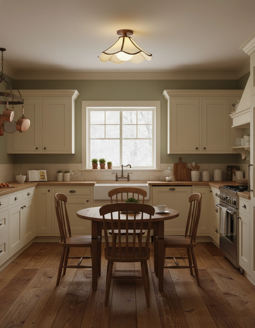 Petalora semi-flush ceiling fixture in farmhouse kitchen dining area - warm wood cabinetry pairing