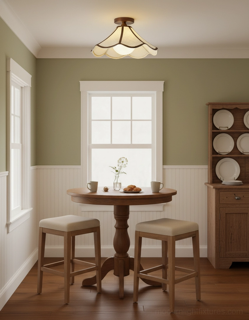 Petalora scalloped ceiling lamp detail - beige fabric shade with walnut wood trim closeup