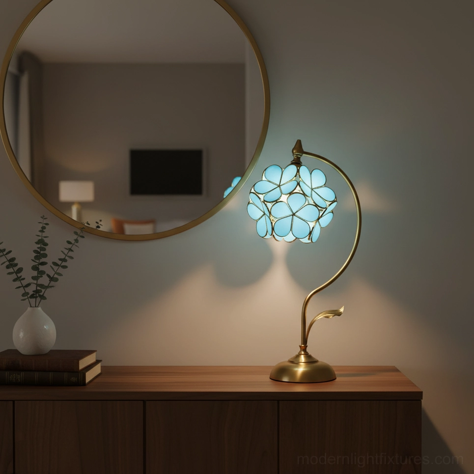 Clear Petalora glass petal table lamp full view showing complete sculptural lamp design and proportions