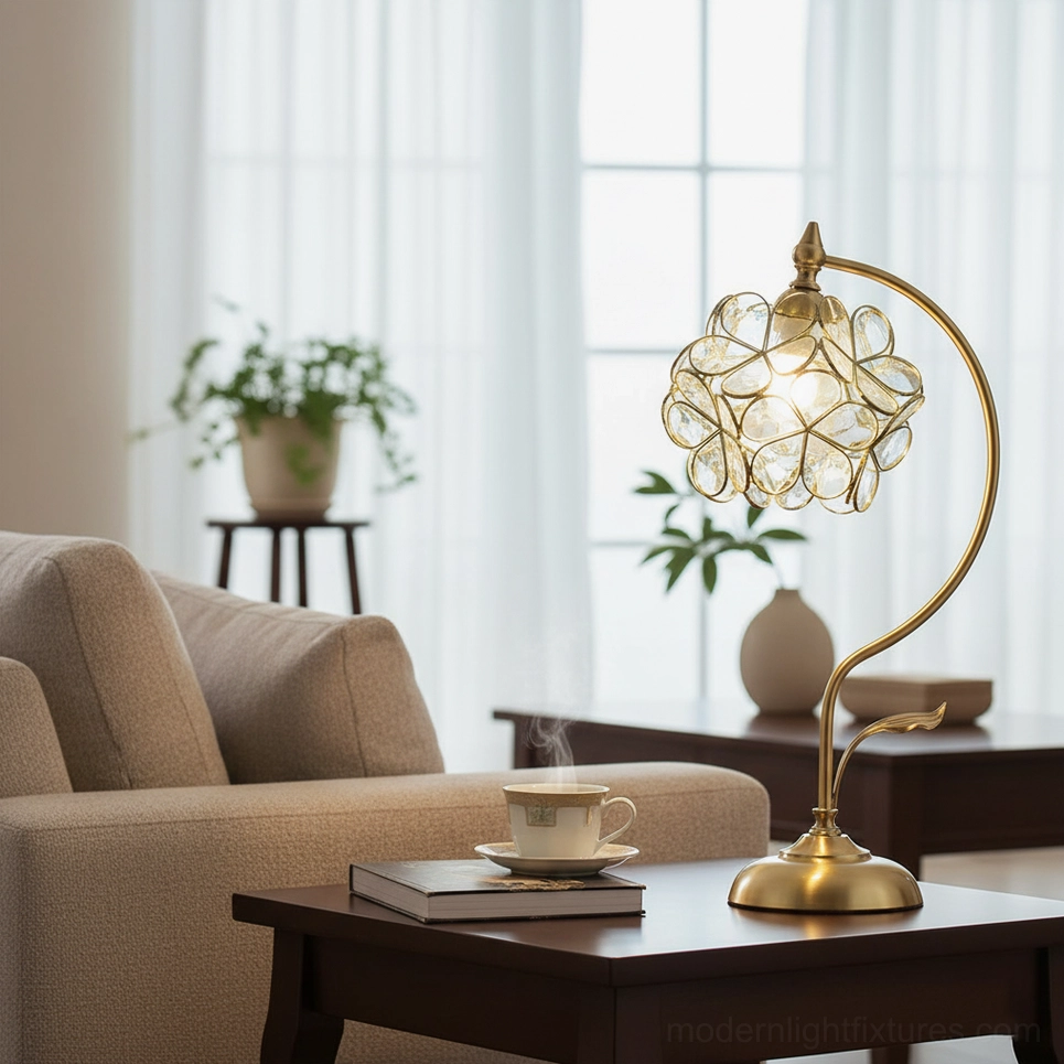 Clear glass Petalora table lamp positioned on dark wood side table in living room sitting area with coffee service