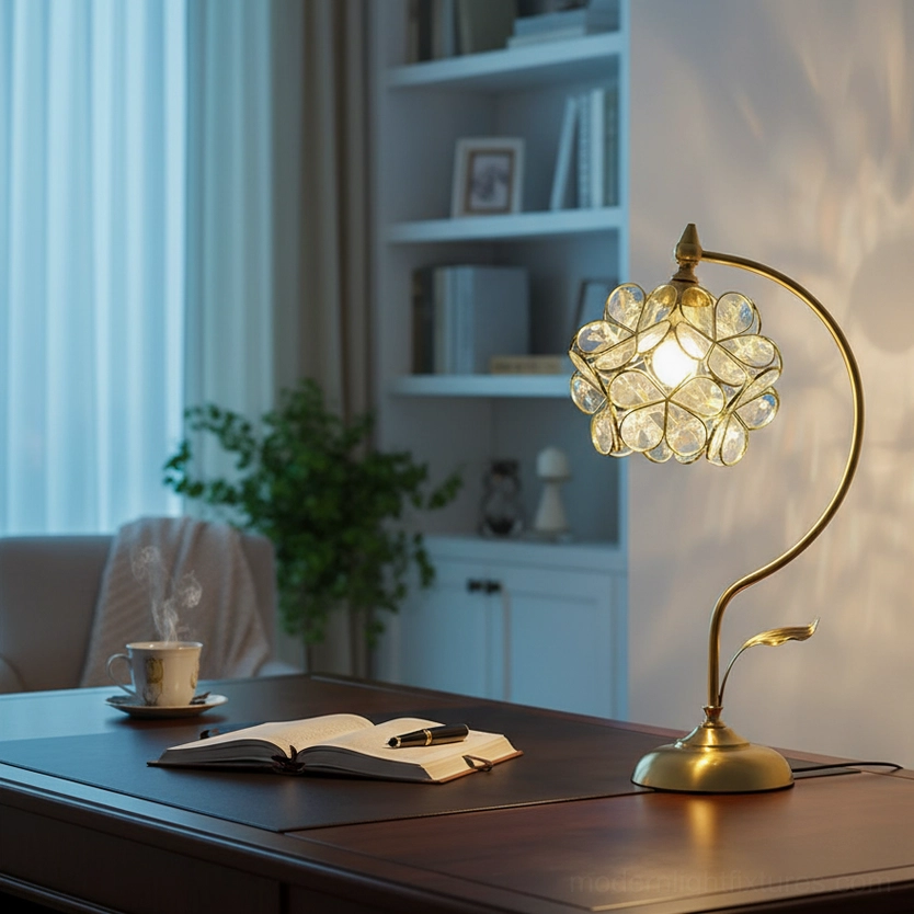 Petalora stained glass table lamp color variant showing brass and glass petal design options
