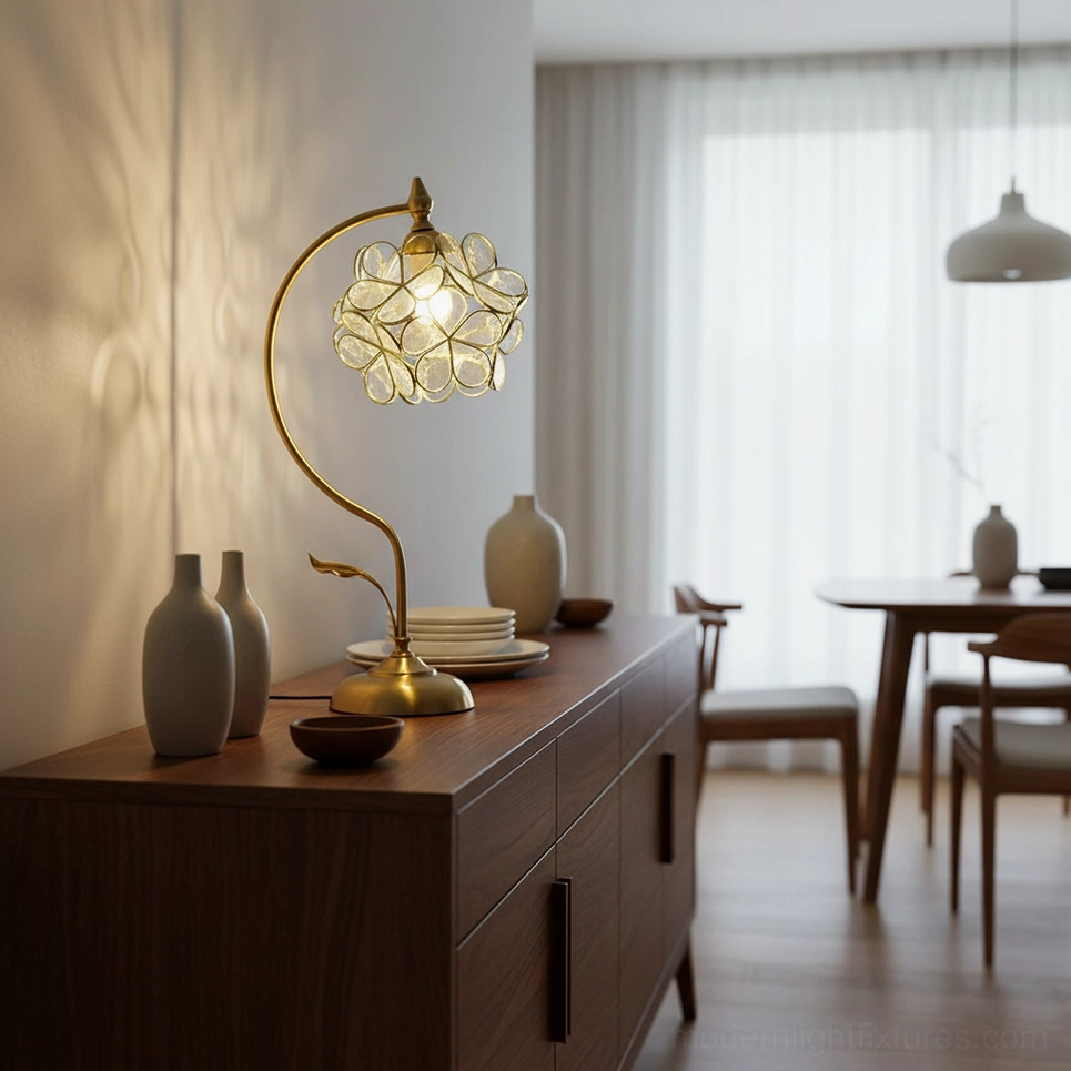 Petalora table lamp modern design showing brass base and petal glass shade contemporary styling