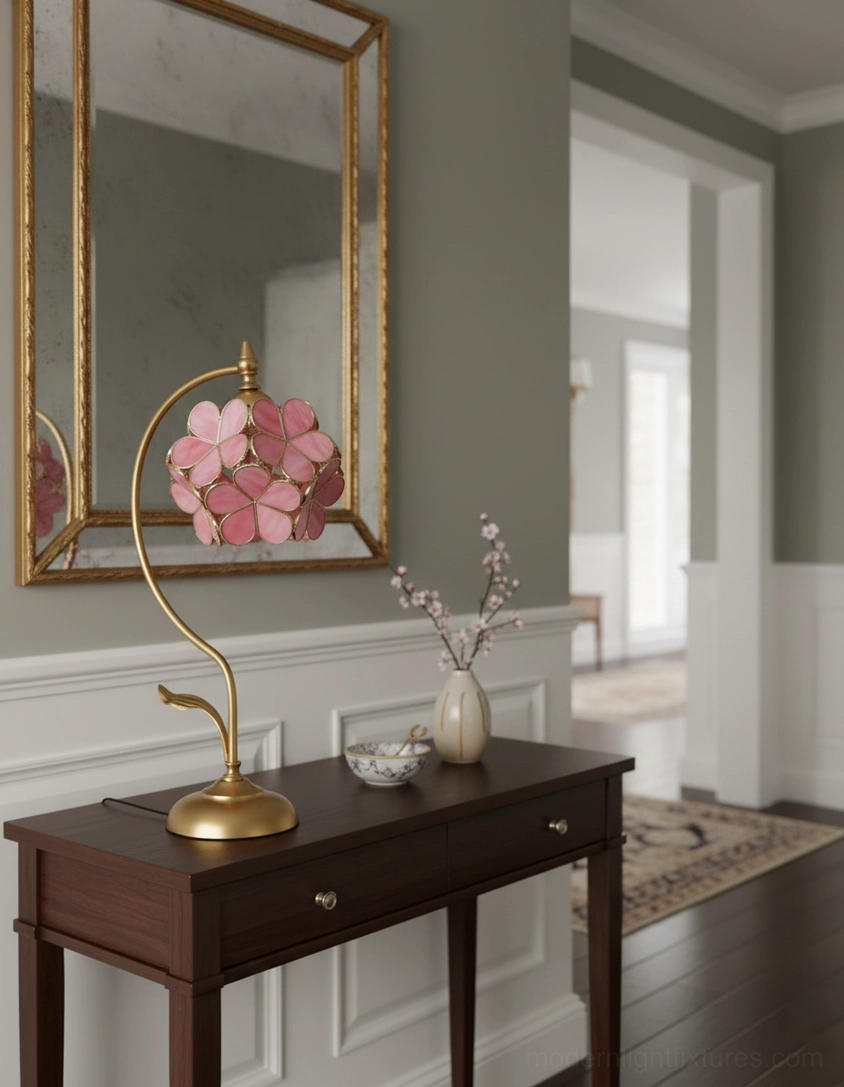Pink Petalora flower table lamp matching wooden dining furniture in formal dining room setting