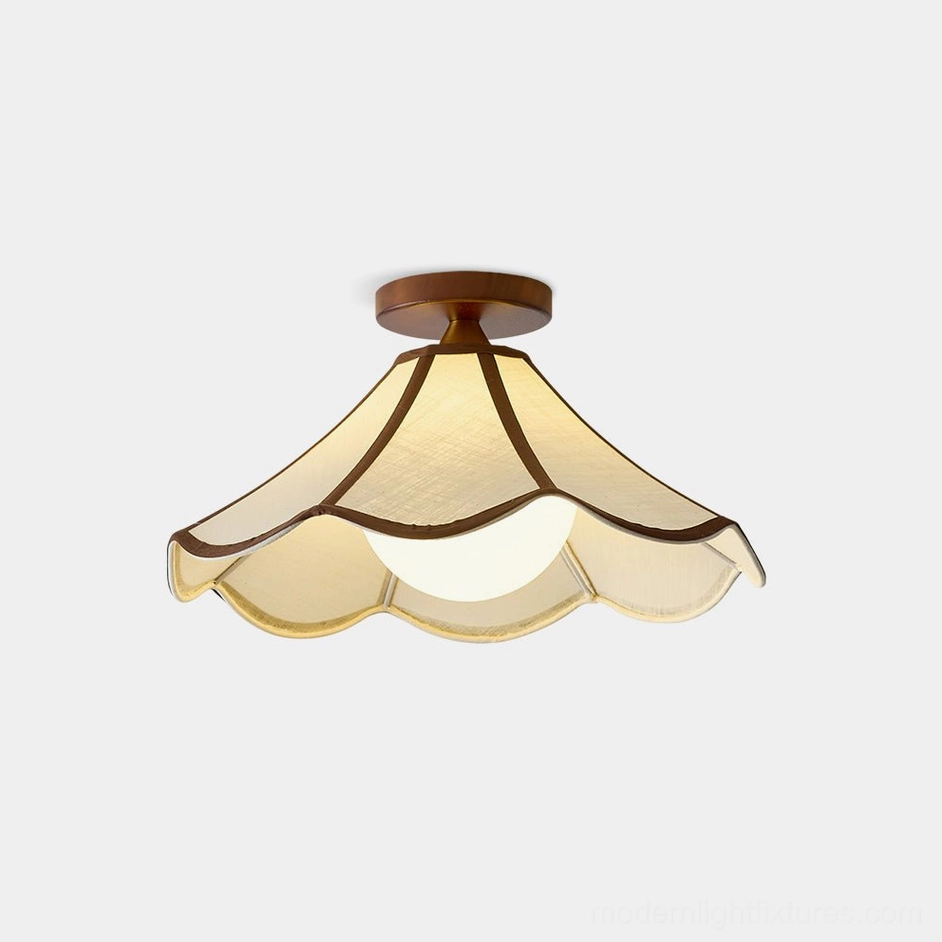 Petalora scalloped ceiling lamp front view - vintage fabric semi-flush light fixture with beige shade and walnut wood trim