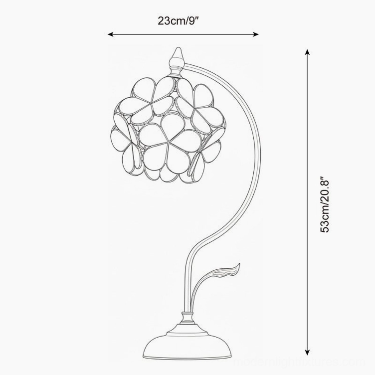 Petalora table lamp dimensional schematic showing measurements 23cm wide by 53cm height specifications