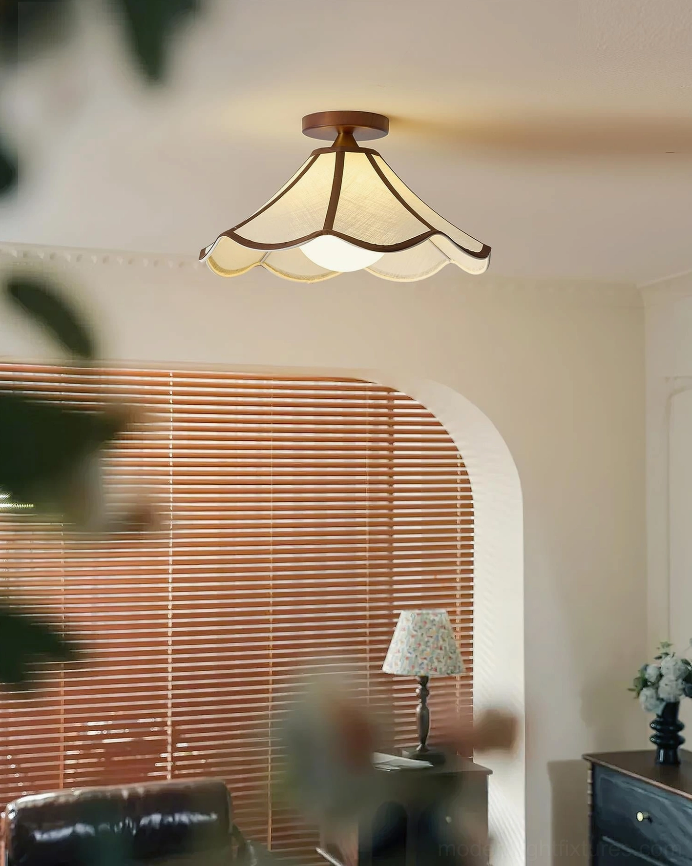 Petalora vintage ceiling lamp installed in farmhouse kitchen nook - cream fabric shade with wooden base