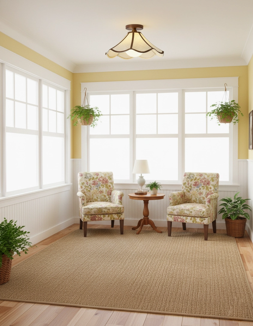 Petalora vintage ceiling lamp in sunroom - neutral farmhouse decor with floral accents