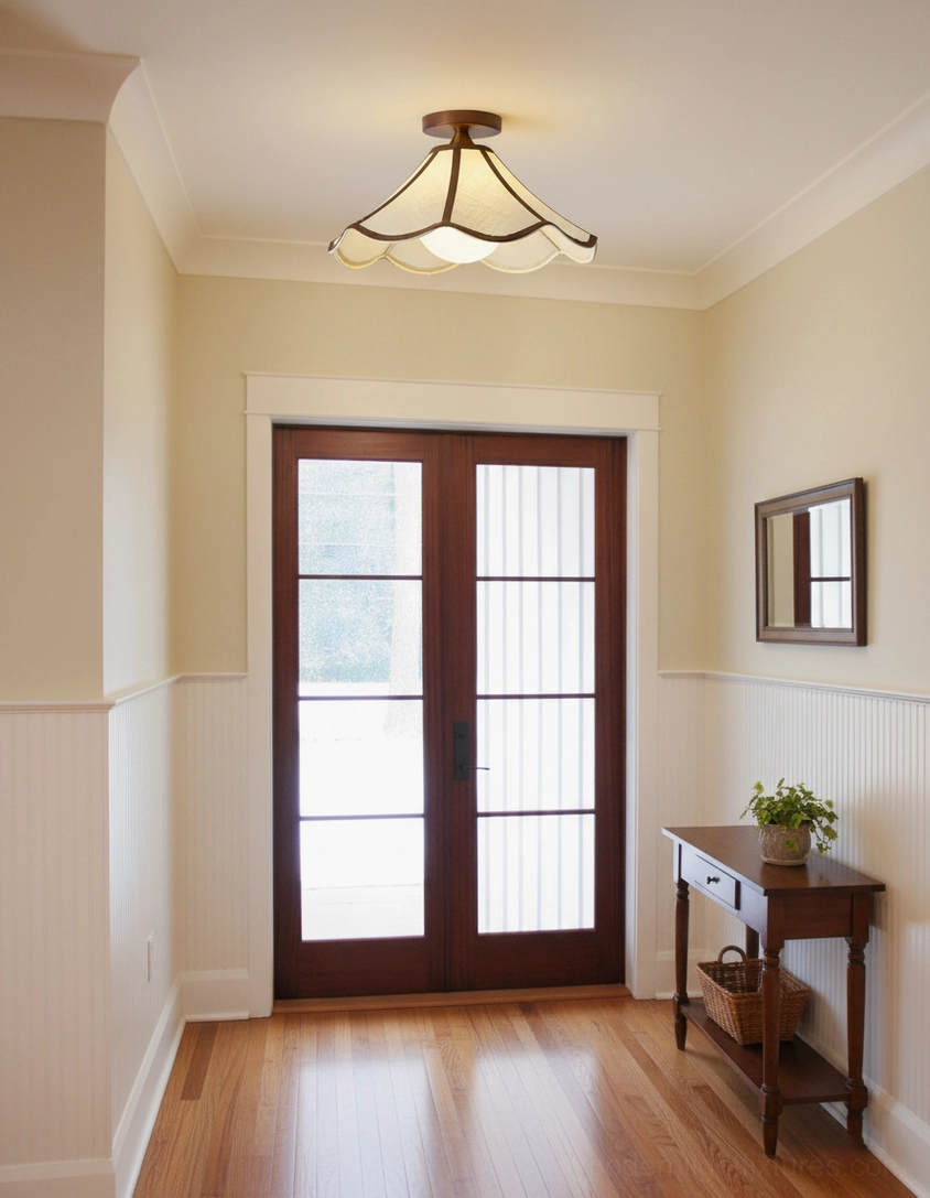 Petalora vintage semi-flush ceiling light in residential hallway - warm neutral farmhouse aesthetic