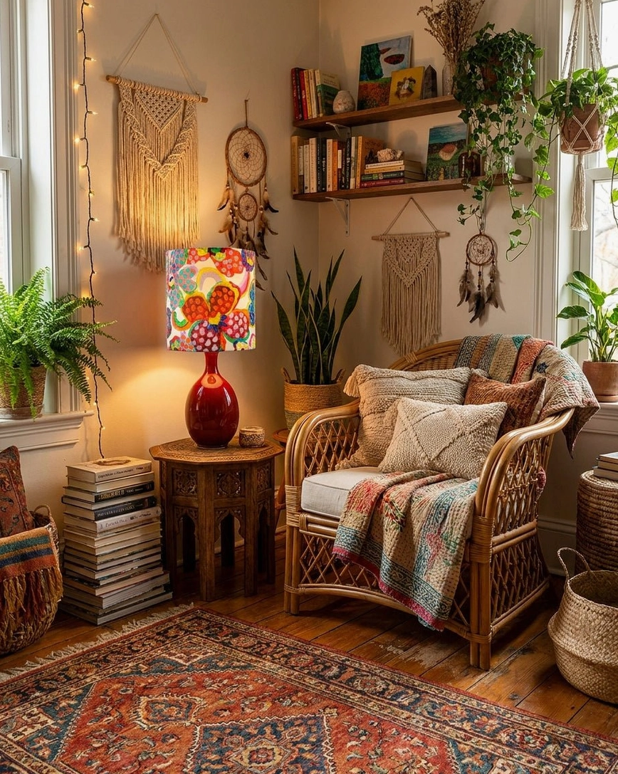 Petalyn printed fabric drum shade lamp in bohemian lounge corner with hanging plants and woven rug