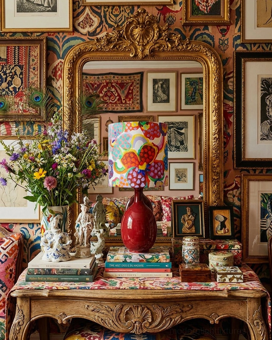 Petalyn table lamp in luxury living room setting with gilded mirror and vintage maximalist wall decor