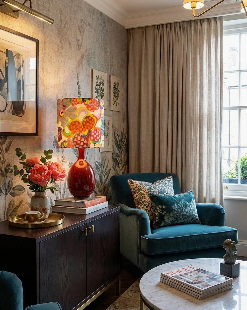Petalyn ceramic table lamp with orange floral print shade on living room side cabinet with velvet armchair