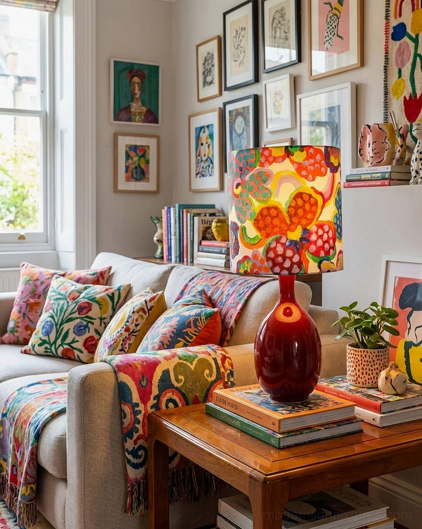 Petalyn ceramic lamp styled on living room side table with eclectic gallery wall and maximalist interior design