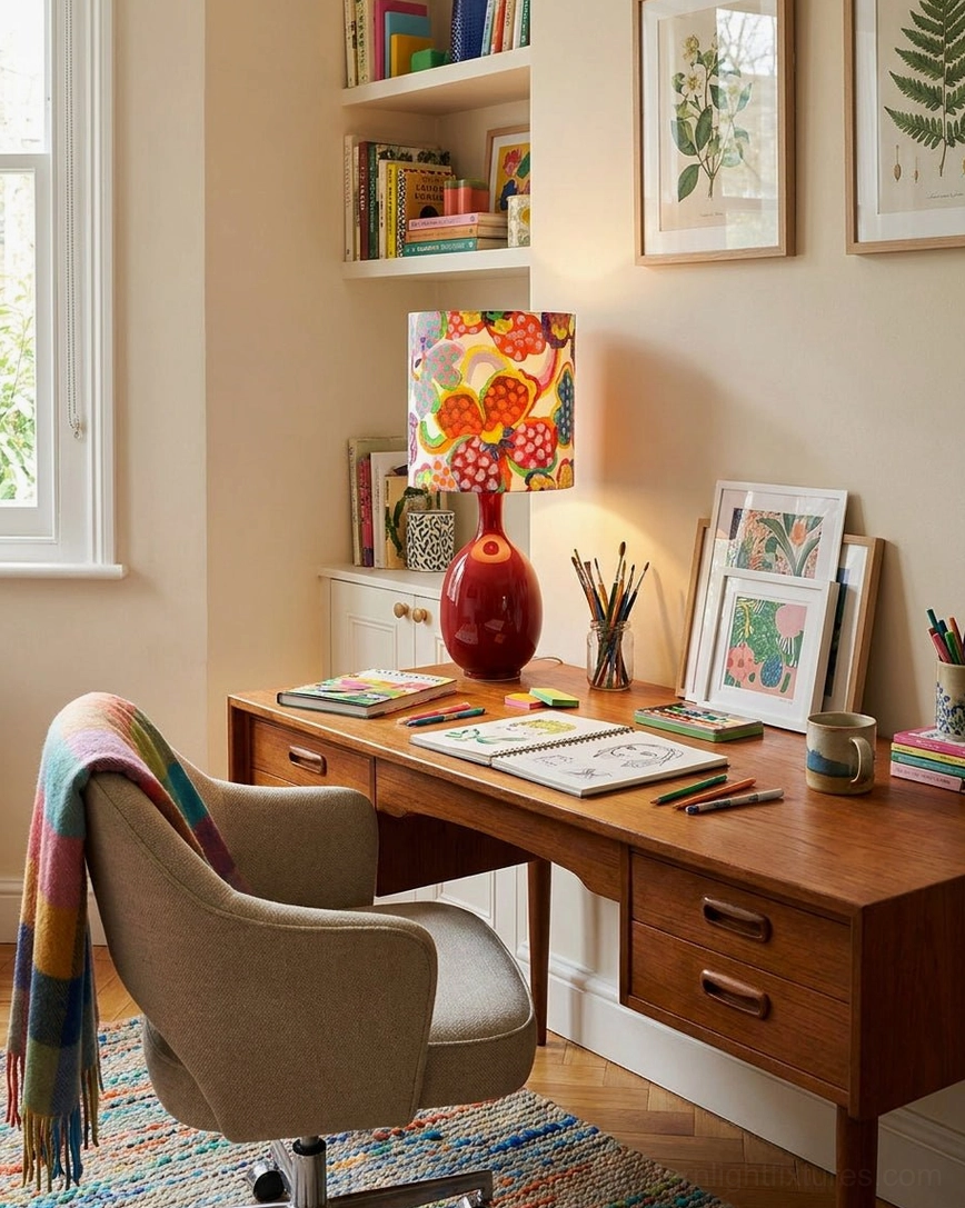 Petalyn ceramic table lamp on home office desk with wooden furniture and wall art prints