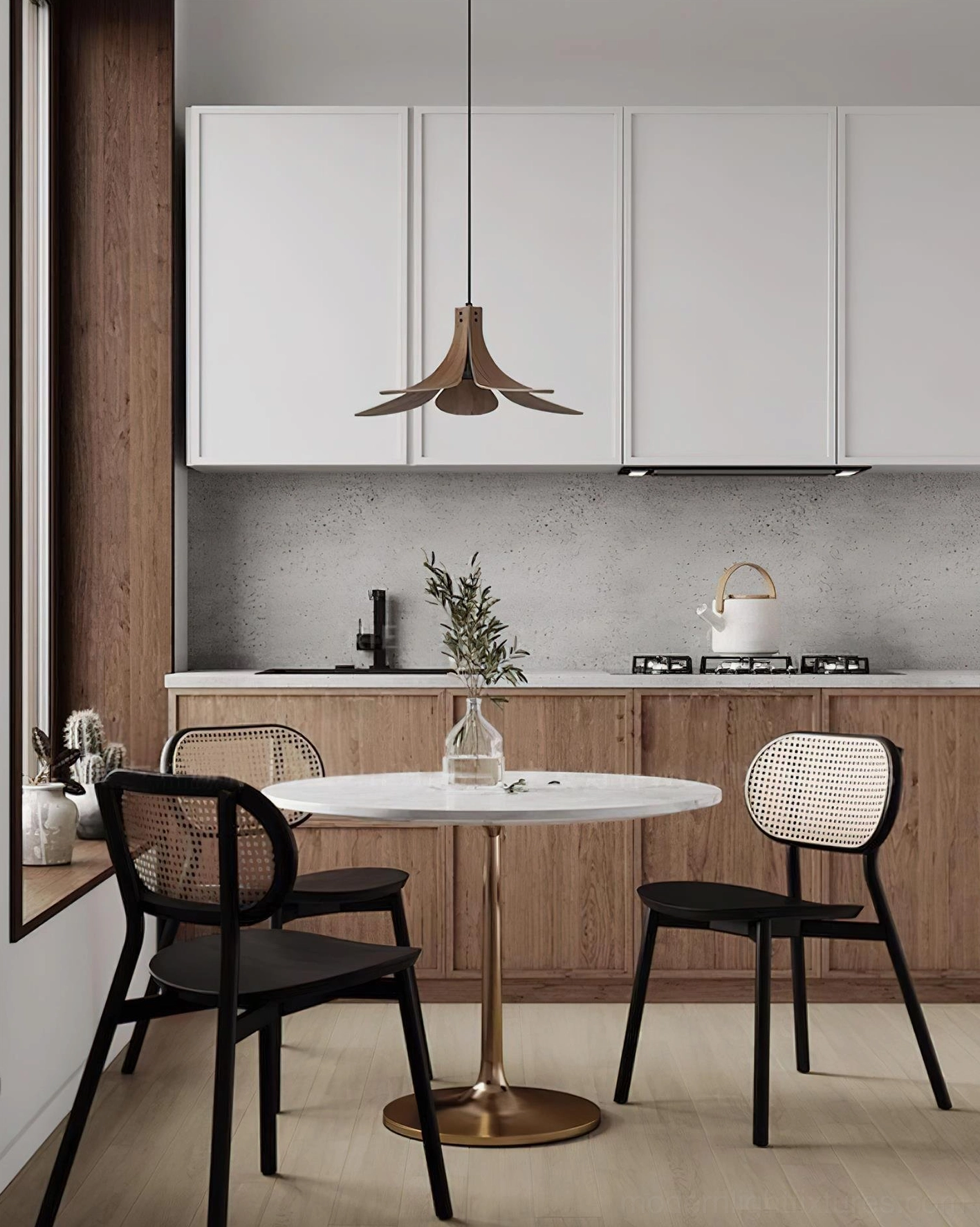 Petanova wood petal pendant light in modern kitchen dining nook neutral minimalist interior design