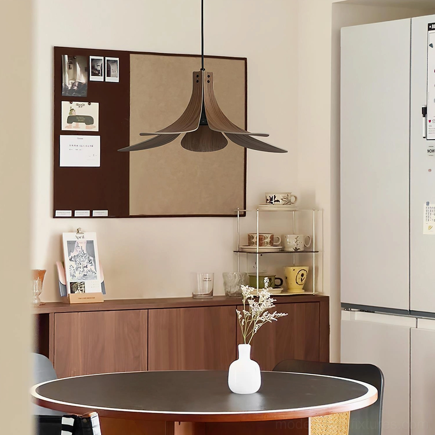 Petanova petal wood pendant light above dining room with wooden cabinet rustic minimalist warm style